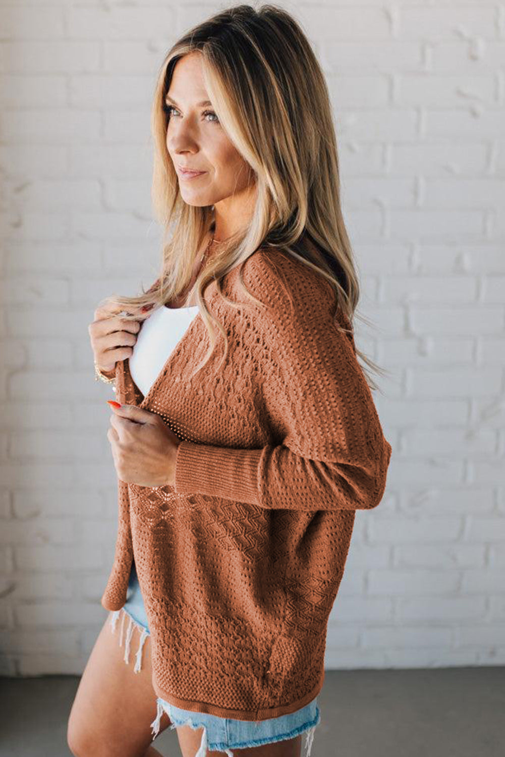 Jet Stream Mix Pattern Hollow Knit Open Front Cardigan