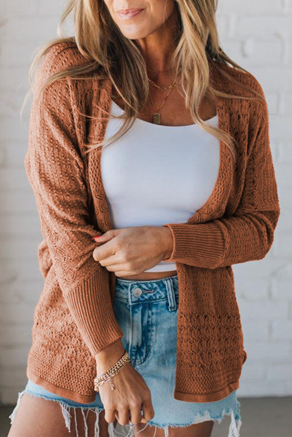 Jet Stream Mix Pattern Hollow Knit Open Front Cardigan