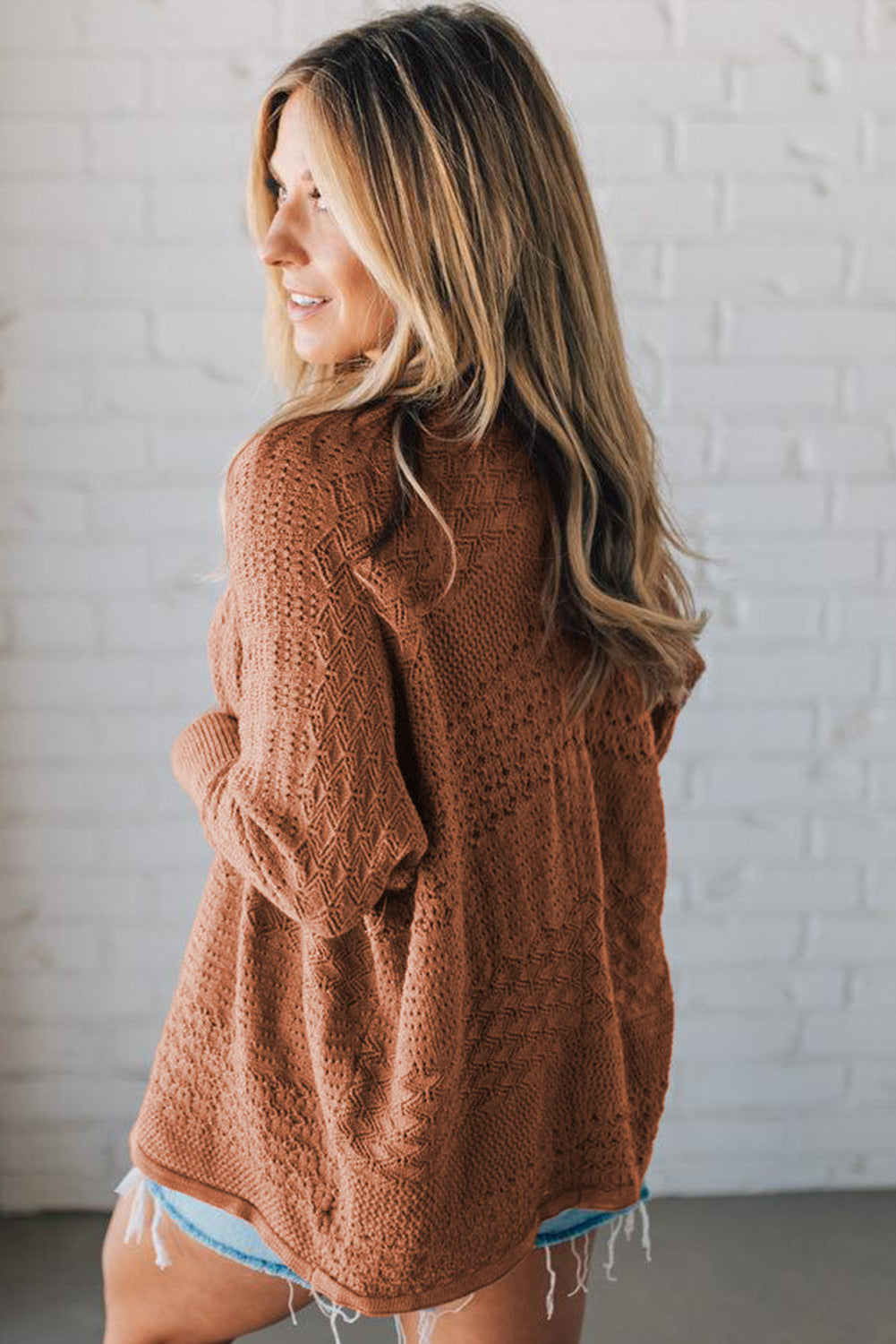 Jet Stream Mix Pattern Hollow Knit Open Front Cardigan