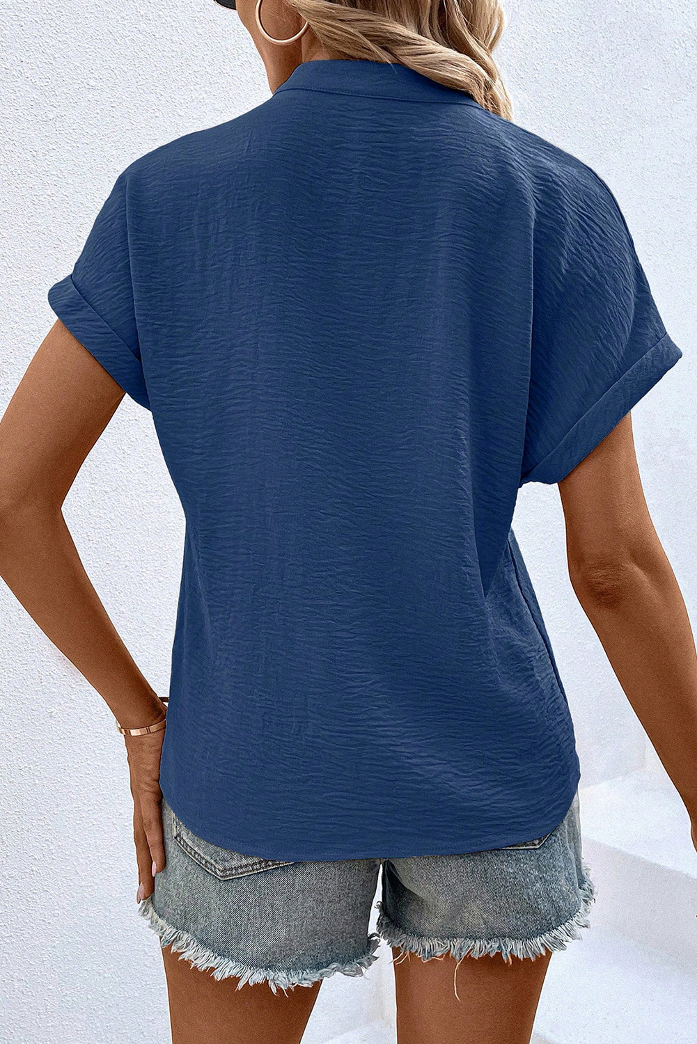 White Notched Neck Batwing Sleeve Blouse