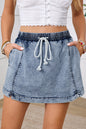 Black Drawstring High Waist Pocketed Denim Shorts