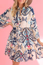 White Ethnic Print Boho Button Tiered Mini Dress