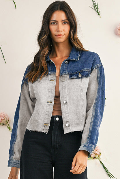 Dusk Blue Patchwork Flap Detail Distress Denim Jacket