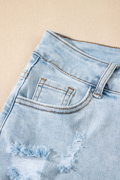 Beau Blue High Rise Distressed Raw Hem Denim Shorts