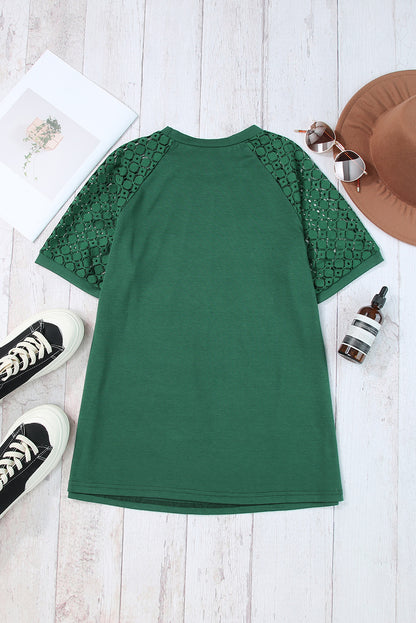 Black Seamed Detail Contrast Lace Raglan Sleeve Tee