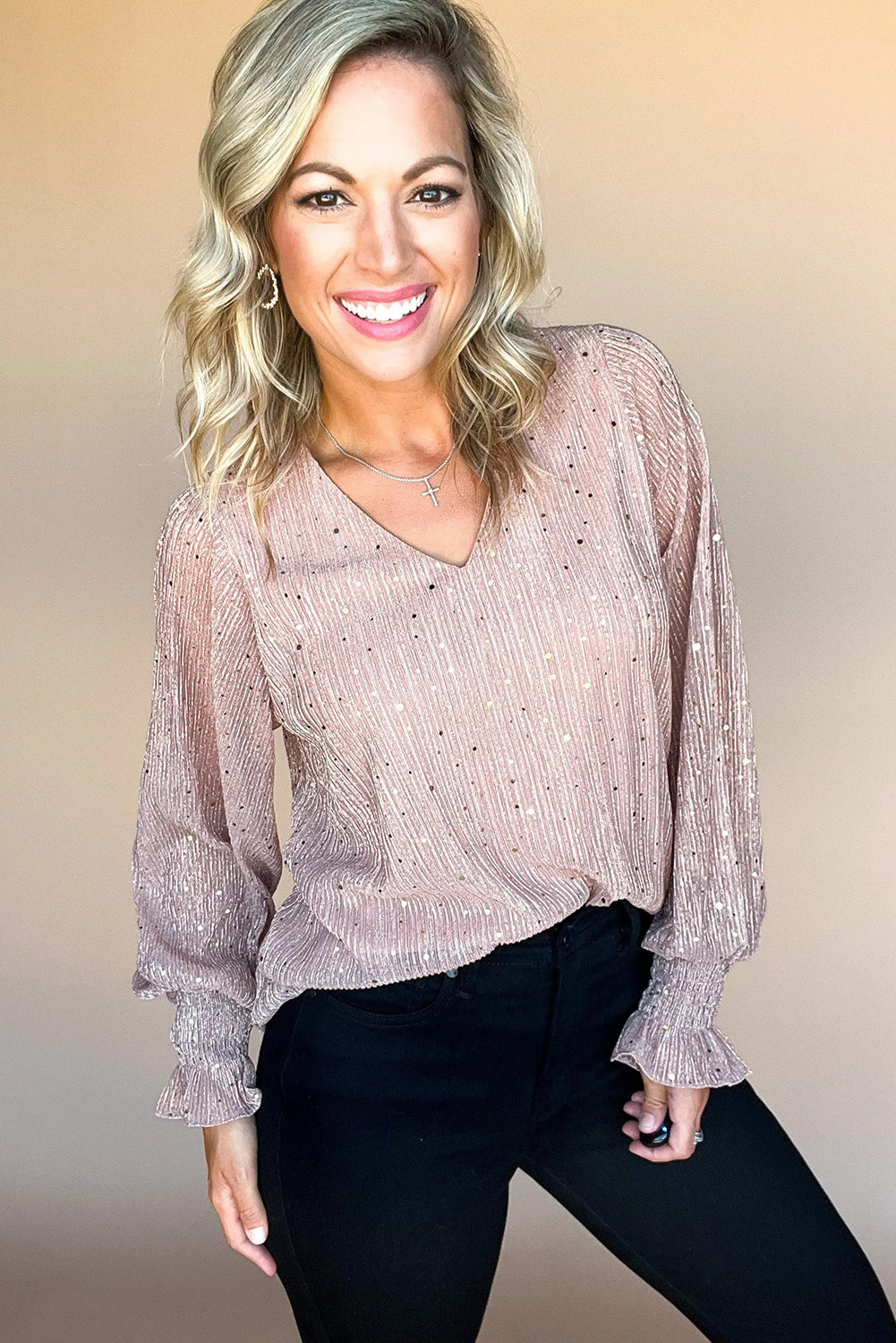 Light Pink V Neck Sequin Long Sleeve Blouse