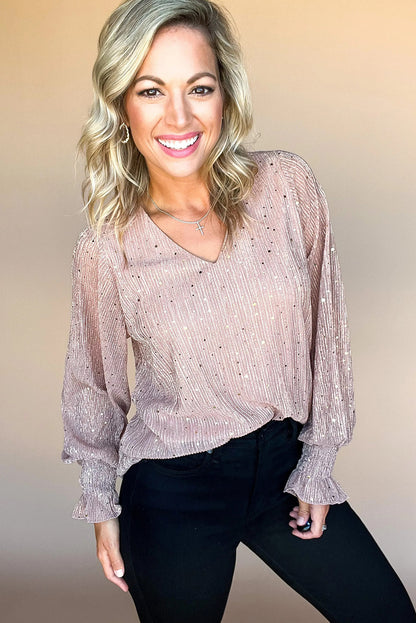 Light Pink V Neck Sequin Long Sleeve Blouse
