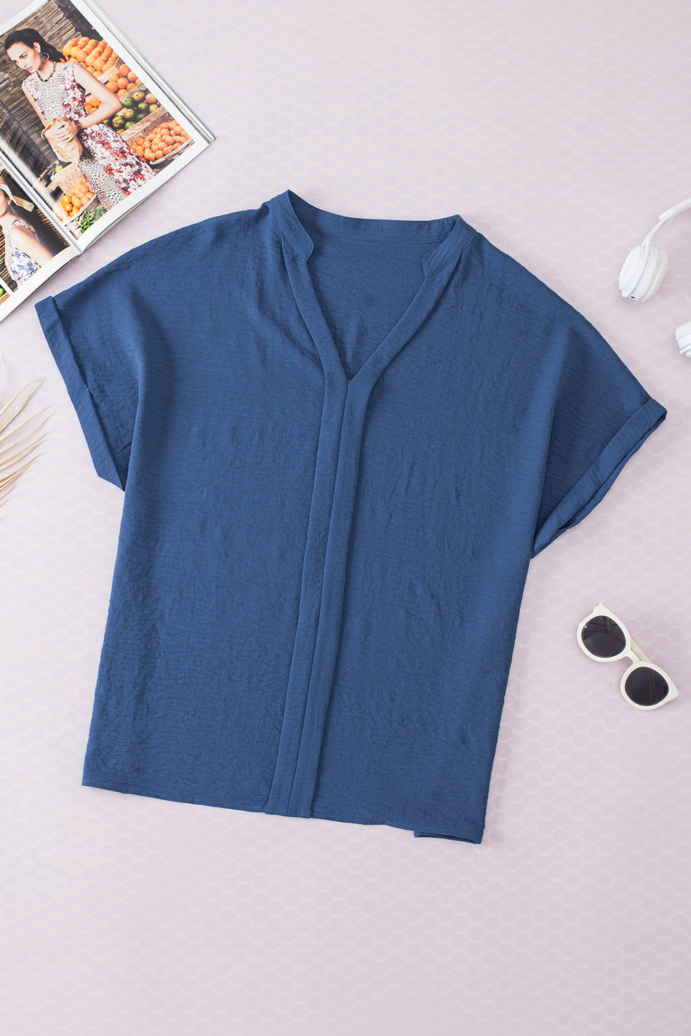 White Notched Neck Batwing Sleeve Blouse