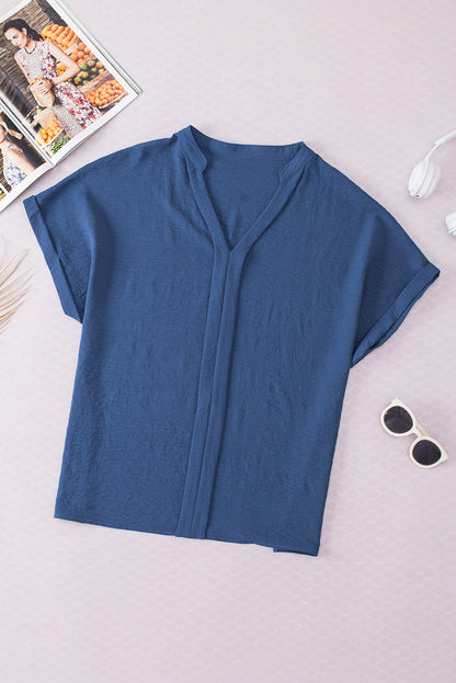 White Notched Neck Batwing Sleeve Blouse