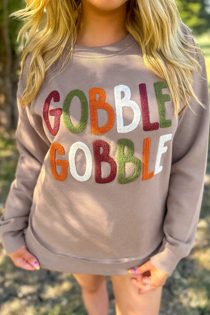 Dark Khaki GOBBLE Letter Graphic Thanksgiving Sweatshirt