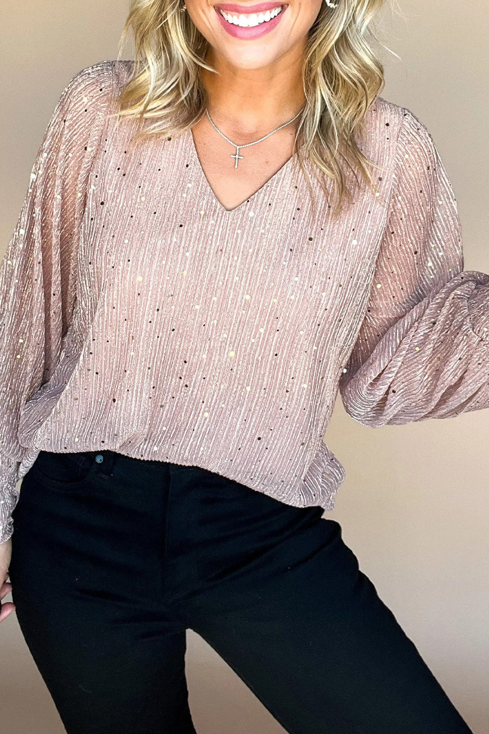 Light Pink V Neck Sequin Long Sleeve Blouse