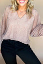 Light Pink V Neck Sequin Long Sleeve Blouse