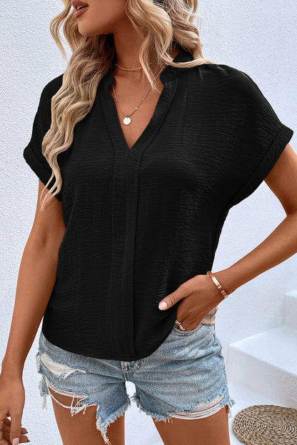 White Notched Neck Batwing Sleeve Blouse