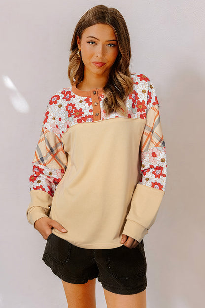 Parchment Floral Plaid Patchwork Henley Top