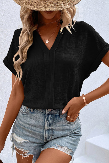 White Notched Neck Batwing Sleeve Blouse