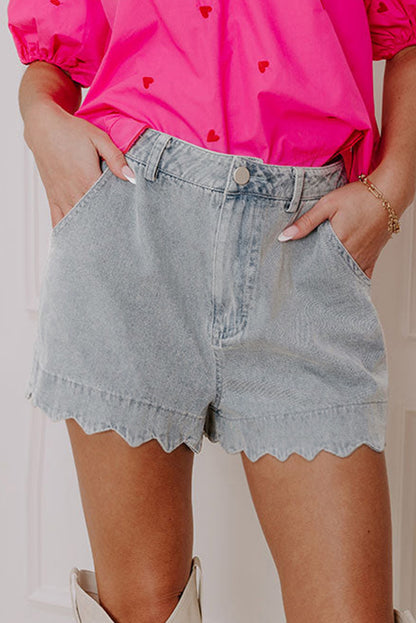 Sail Blue Scalloped Hemline Light Wash Denim Shorts
