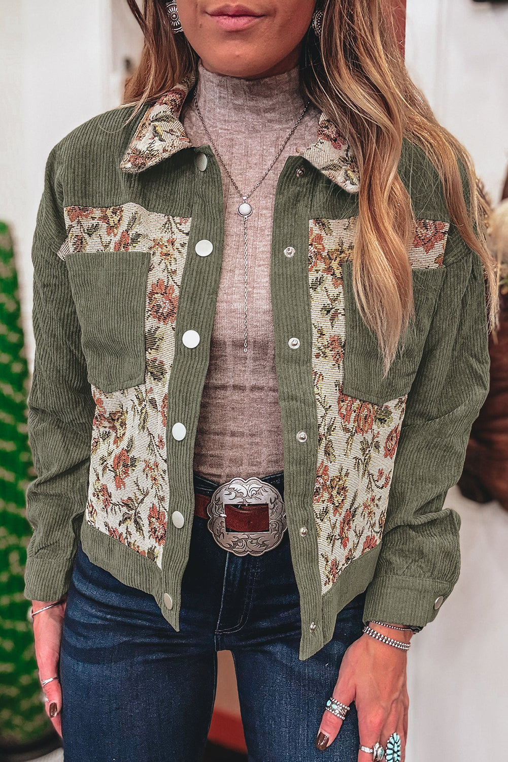 Clay Ribbed Retro Floral Patchwork Jacket