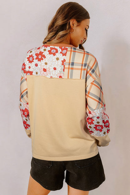 Parchment Floral Plaid Patchwork Henley Top