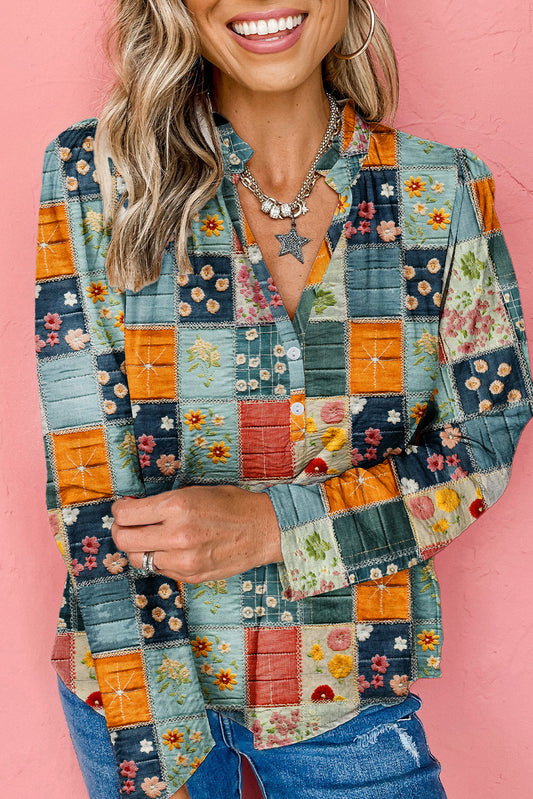 Sky Blue Checkered Floral Patchwork V Neck Blouse