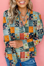 Sky Blue Checkered Floral Patchwork V Neck Blouse