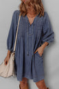 Sail Blue Pleated V Neck 3/4 Sleeve Denim Mini Dress