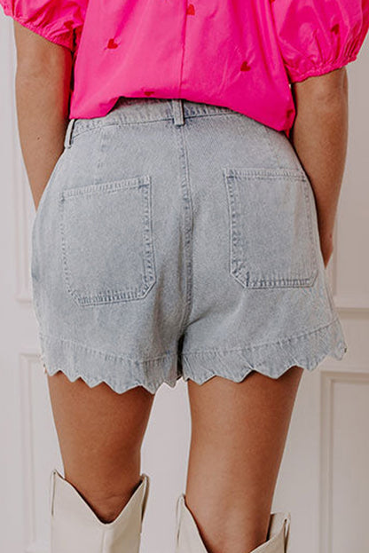Sail Blue Scalloped Hemline Light Wash Denim Shorts