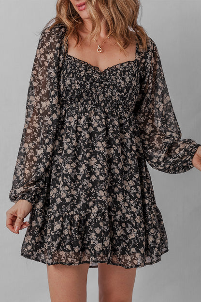 Black Floral Long Sleeve Frilly Shirred Square Neck Mini Dress